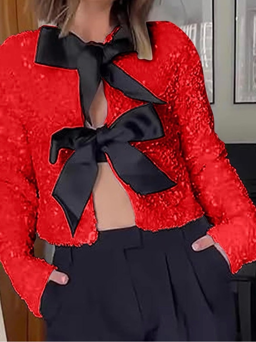 NWOT Red Sequin Bow-Tie Crop Jacket - Women's Sz Med